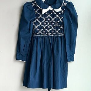 POLLY FLINDERS navy hand smocked long sleeve cotton dress